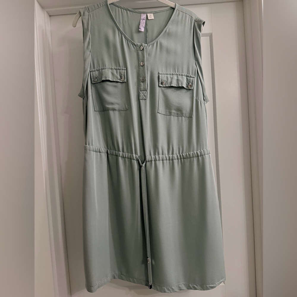 Boutique Sleeveless Drawstring Waist Dress in Sage Green